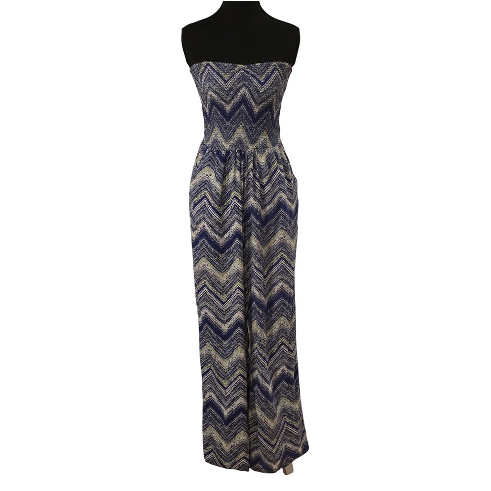 Guess Womens Strapless Chevron Smocked Wide Leg Jumpsuit Blue Yellow XS Pockets
